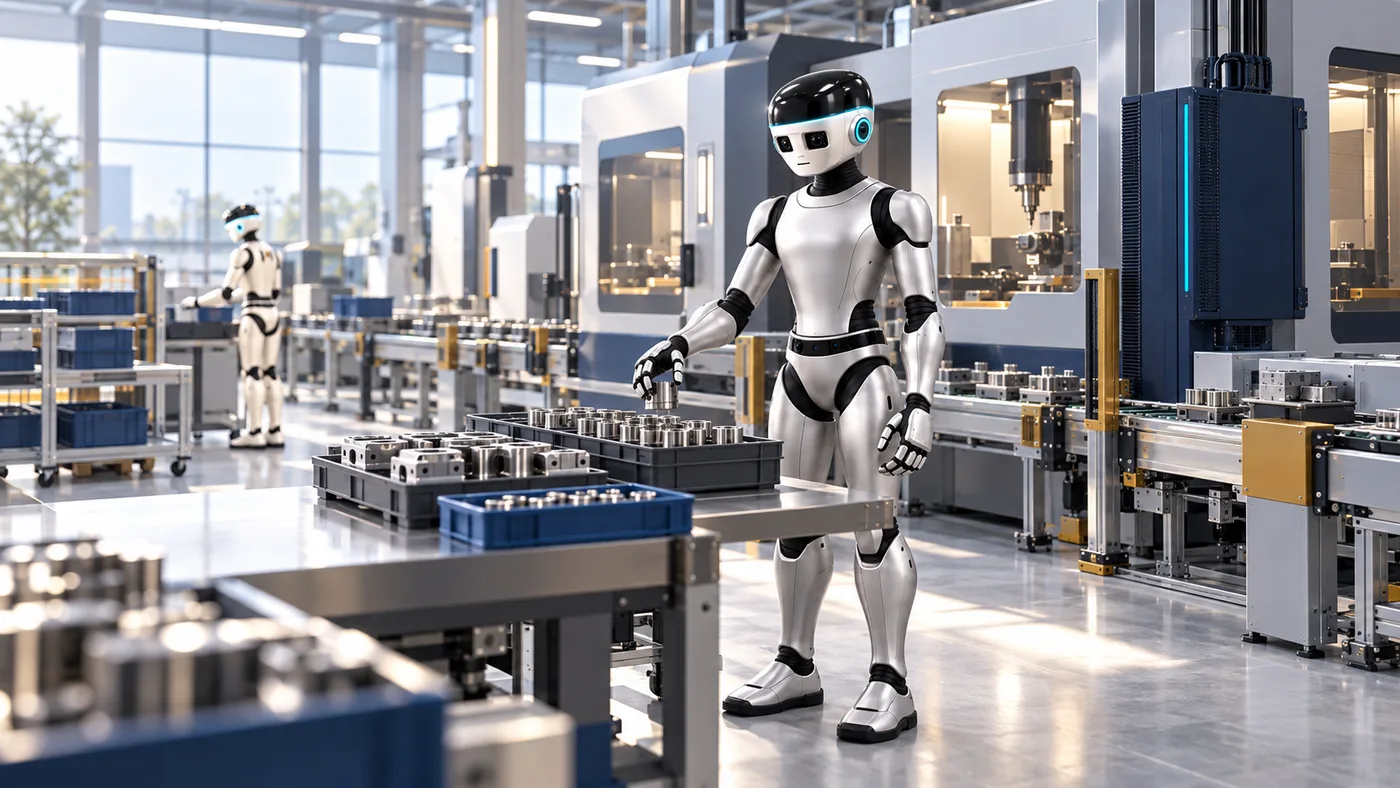 Minh họa nhà máy với robot Le-ORION đầu vuông, mái tóc quang học và thiết bị biên cạnh máy gia công.